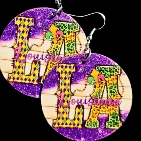 New Orleans Mardi Gras Dangle Drop Earrings in Stock ⚜️💜💚💛 - Picture 14 of 16
